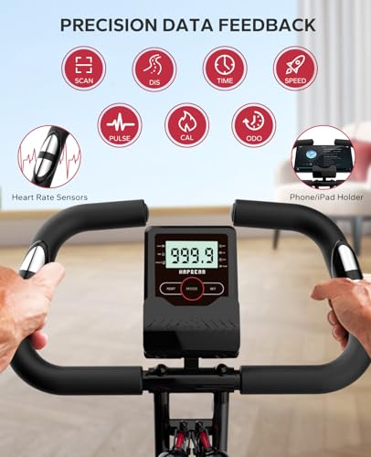 HAPBEAR Folding Exercise Bike Magnetic Foldable Stationary Bike, 3 in 1 Mode Indoor Upright Fitness Workout X-Bike with 8-Level Resistance and Arm Resistance Band, Pulse Sensor,LCD Monitor