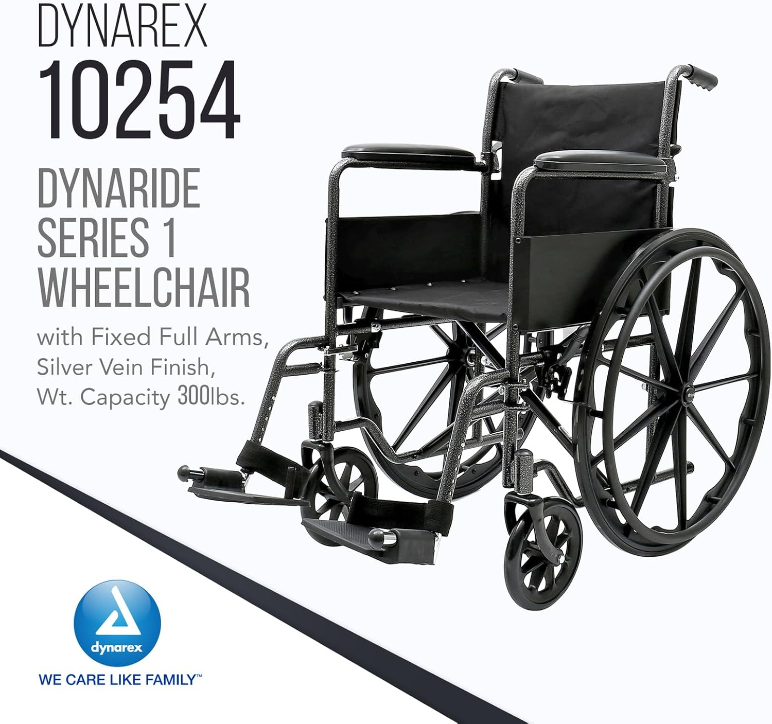Dynarex DynaRide Series 1 Wheelchair with Fixed Full Arms is Lightweight, Foldable & Comfortable, Weight Capacity of 300 Pounds, Silver, 1 DynaRide Series 1 Wheelchair with Fixed Full Arms