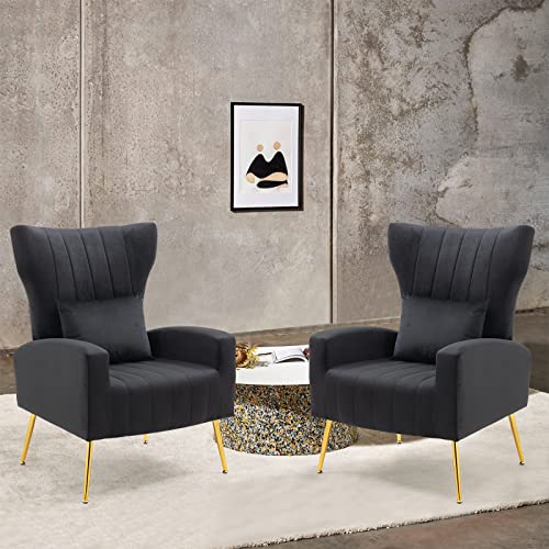 Living Room Chairs Set of 2 Modern Velvet Accent Chairs with Lumbar Pillow, High Back Armchair Arm Chairs with Gold Metal Legs for Bedroom, Green