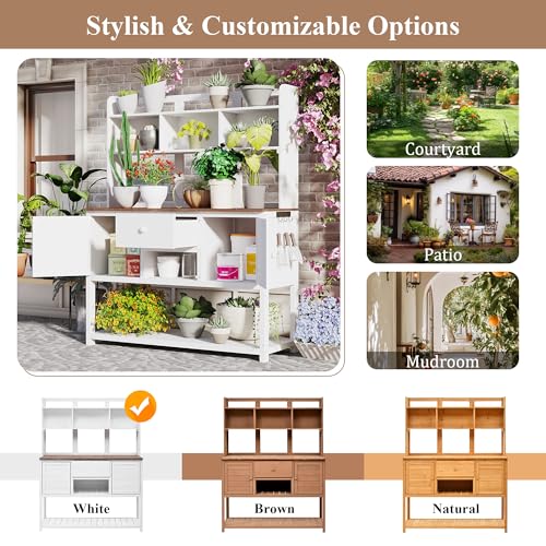 Outdoor Wooden Potting Bench Table – Farmhouse Garden Workstation with Drawers, Cabinet & Storage Shelves, Large Fir Wood Work Table for Patio, Backyard, Mudroom, Greenhouse (Light Brown, 66''H)