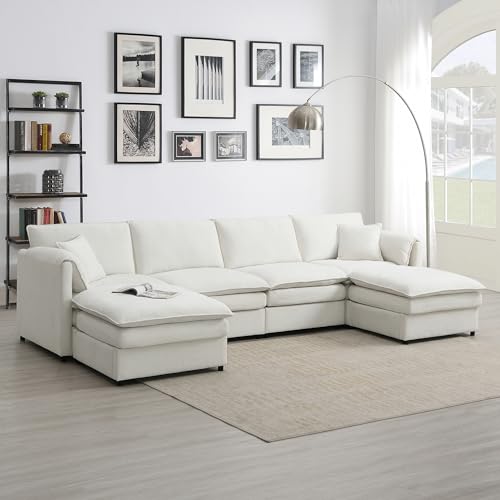 134" Oversized Modular Sectional Sofa, Modern U Shaped Cloud Couch Set with Double Cushions, Comfy Chenille 6 Seat Sleeper Sofa Bed with 2 Ottomans for Living Room, Bedroom, Office (Cream)
