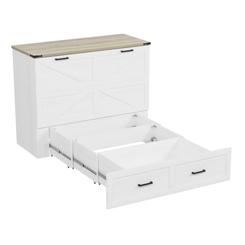 Wooden Murphy Cabinet Bed Frame with Charging Station, Full-Size Foldable Wall Bed with Large Storage Drawer for Home Apartment Limited Living Places, Space-Saving Hidden Bed No Box Spring Needed