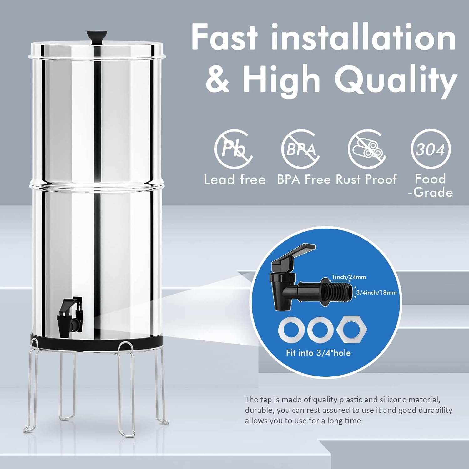 Purewell Gravity-Fed Water Filter, High Capacity 2.9 Gallon with 2 Purification Elements and Stainless Steel Stand for Home