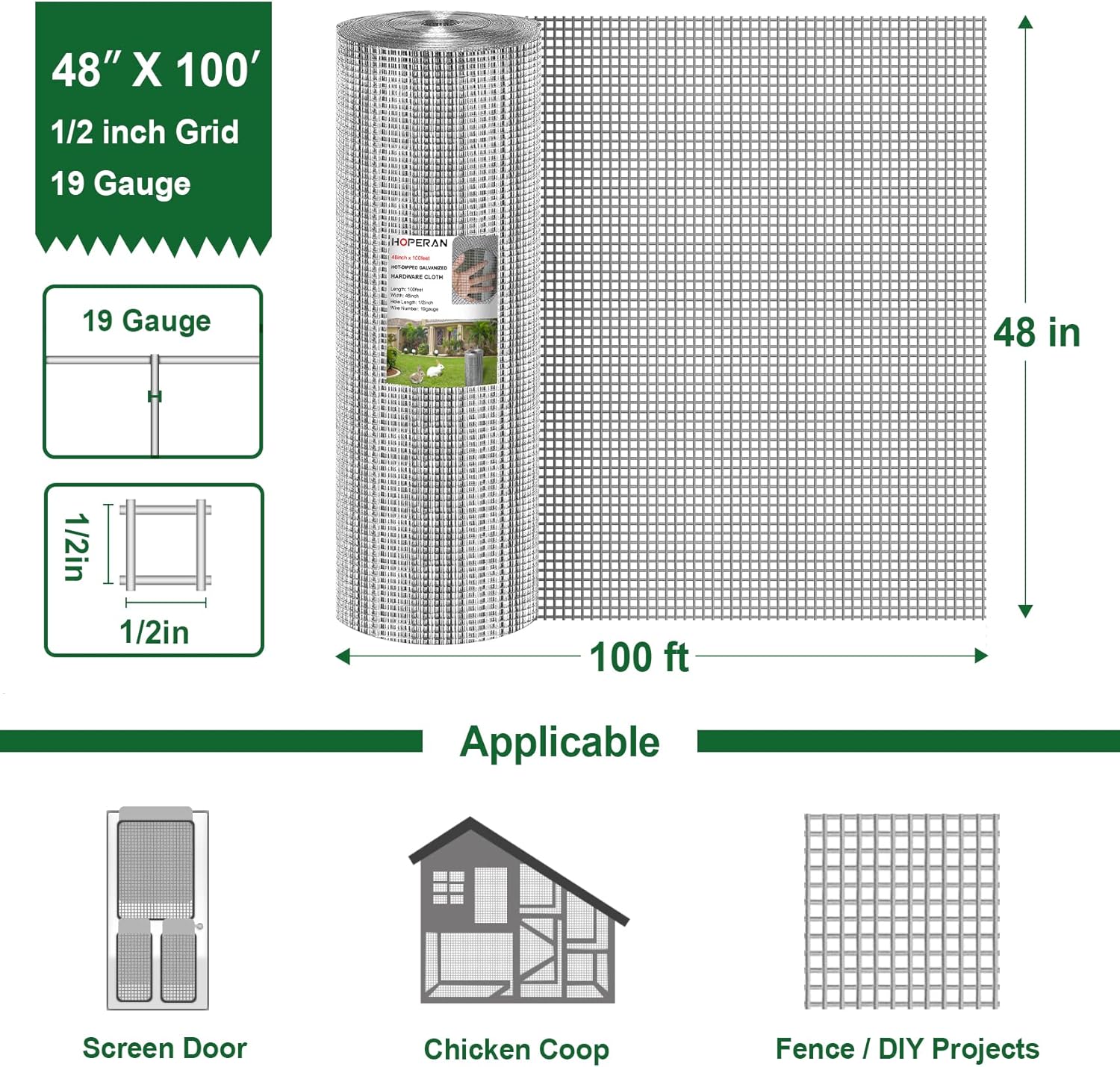 Hardware Cloth 1/2 inch 48 x 100 Ft Mesh 19 Gauge Chicken Wire Fencing - Hot Dipped Galvanized After Welded - Wire Fence Mesh Roll for Garden Fencing Chicken Coop & Pet Enclosures