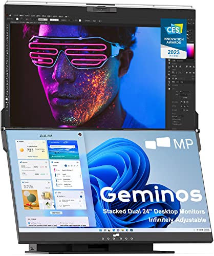 Mobile Pixels Geminos Dual 24" Stacked Computer Monitors with 1080P Webcam&Speakers, 65W USB-C Charging, All-Inclusive Vertical Desktop Monitor, HDMI/USB-A/USB-C, Infinitely Adjustable (2 Monitors)