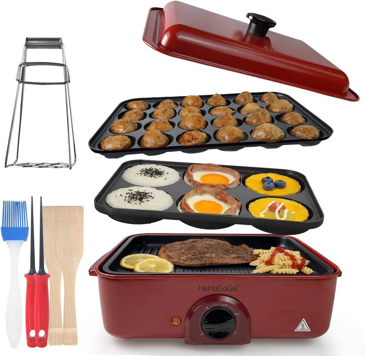 HeHoGoGo 3 in 1 Multifunctional Electric Griddle Electric Skillet Nonstick Baking Maker with 3 Interchangeable Pan Takoyaki Maker Cake Pop Maker Pancake Maker Red