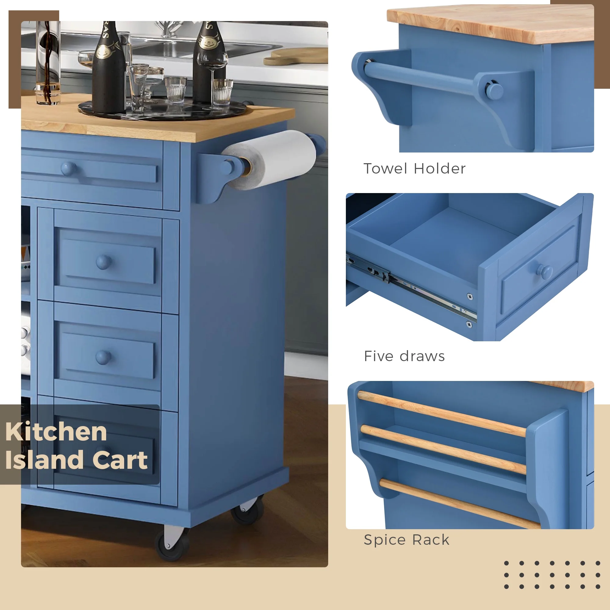 Hombay Mobile Kitchen Island Cart with Doors Drawers, Rolling Sideboard Storage Cabinet Trolley, Towel Holder, Spice Rack with Lockable Wheels