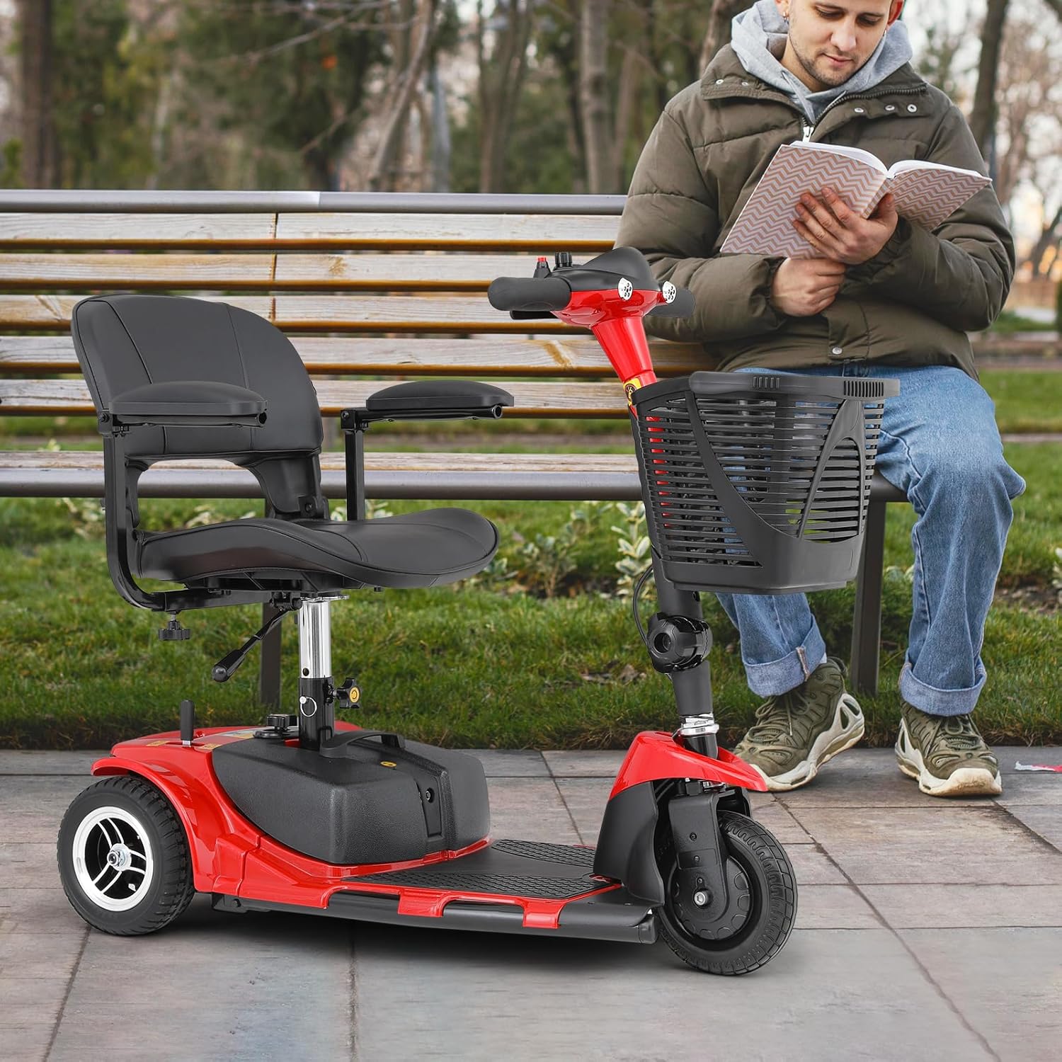 Athena Collection 3 Wheel Mobility Scooter Electric Wheelchair Scooter with Seat for Adults Seniors, Foldable Power Motorized Scooter Long Range Battery with Charger Headlights Basket, Red