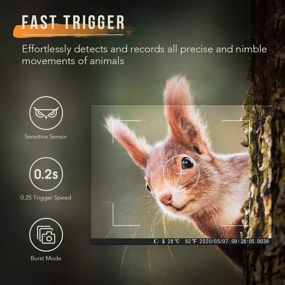 Trail Game Camera 4K 20MP 1080P Night Vision 98ft/30M 0.2s Motion Activated IP66 Waterproof 120° Wide Angle Lens 2.4" LCD Screen Hunting Scouting Cam with Portable Solar Panel and 32GB Card