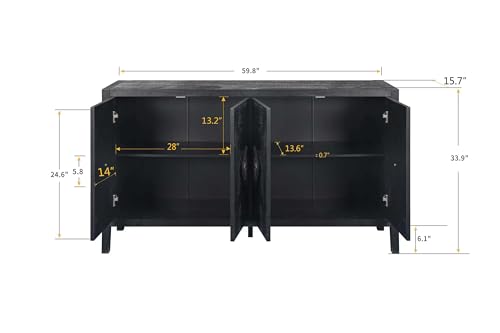 Retro Design 60'' Sideboard Large Storage Cabinet with 4 Doors and Adjustable Shelves, Solid Wood Console Table TV Stand with Open Storage for Kitchen Living Room (Smoke Blue)