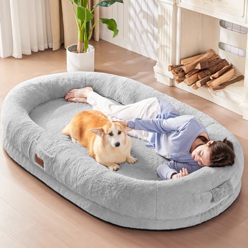 Human Dog Bed for People Adults, Giant Foldable Bean Bag Bed with Blanket, Washable Faux Fur Nap Floor Bed Adult for People, Pets Removable Large Memory Foam Human Sized Dog Bed Black