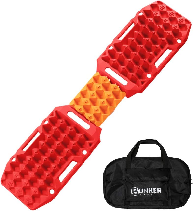 BUNKER INDUST Off-Road Traction Boards with Jack Lift Base,2 Pcs Multifunctional Recovery Tracks Traction Mat for 4X4 Mud, Sand, Snow -Orange Emergency Tire Traction Ladder Tool with Carry Bag