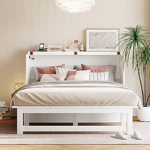 Queen Size Murphy Bed with Bookcase,Foldable Platform Bed Folded into Cabinet, Wood Murphy Bed Frame with Storage Drawer and Bedside Shelves Compatible with Bedroom,Small Space(White) ，Queen Bed