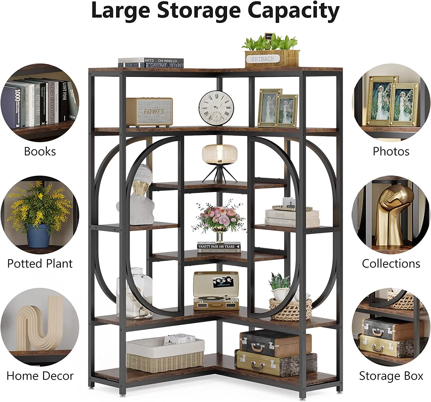 Tribesigns L Shaped Corner Bookshelf, Large 7 Shelf Corner Bookcase Display Rack for Home Office, Rustic Brown & Black