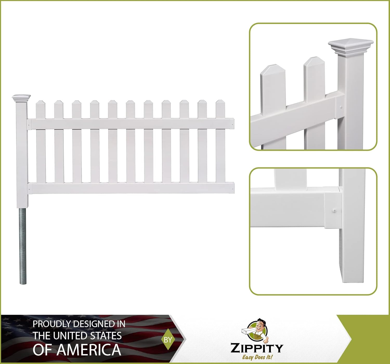 Zippity 5.5' x 3' Davidson Hinged Portable Vinyl Fence Kit and 36" x 72" Newport No-Dig White Picket Fence Panel