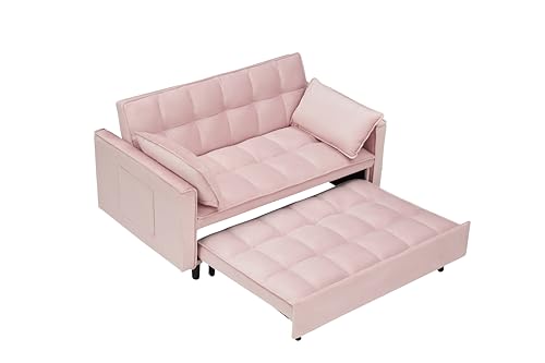 3 in 1 Convertible Sleeper Sofa Bed, Modern Velvet Loveseat with Adjustable Backrest and Side Pocket, Futon Couch with Pull Out Bed, Love Seat Lounge Sofa with 2 Pillows, for Living Room,Beige