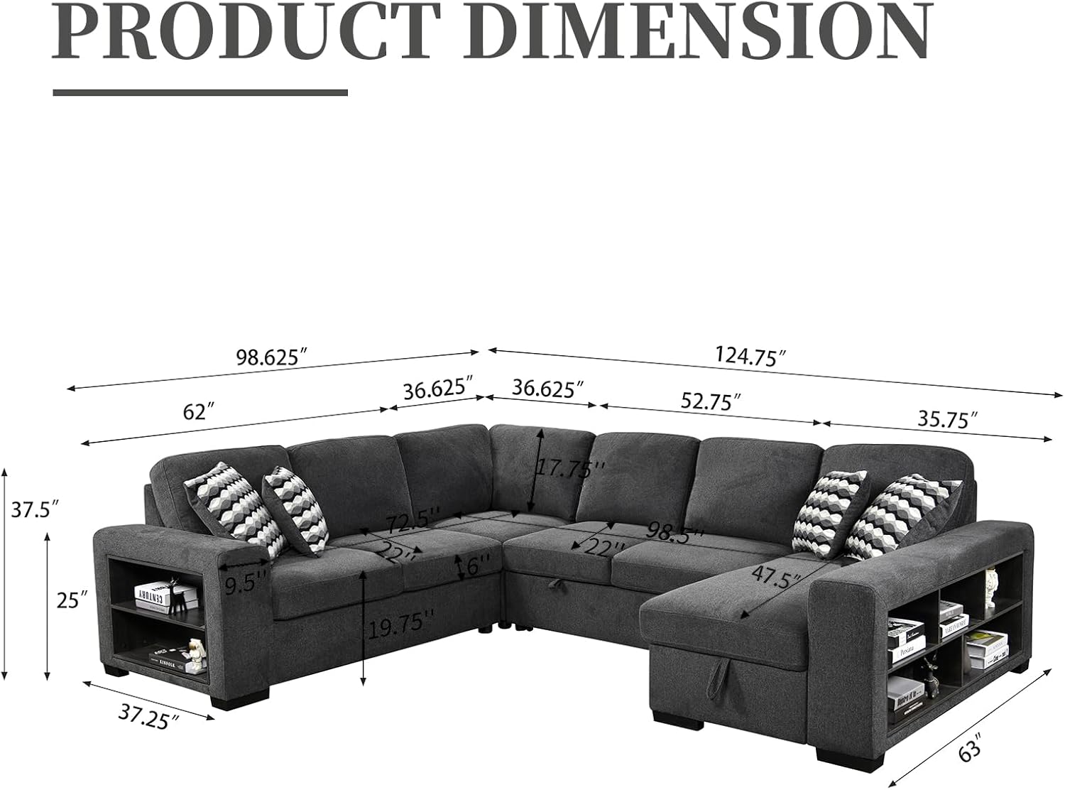 Sectional Modern Sofa Couch with Storage Cabinet 125" U Shape Oversized Sectional Sofa Bed Couches Adjustable Headrest Sleeper Sofa for Living Room,Large Space Dorm,Grey