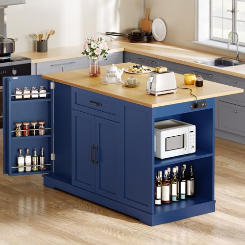 YITAHOME 50" Rolling Kitchen Island with Power Outlet & Drop Leaf, Mobile Storage Islands with Trash Can Cabinet, Microwave Rack Serving Cart on Wheels with Spice Rack, Retro White