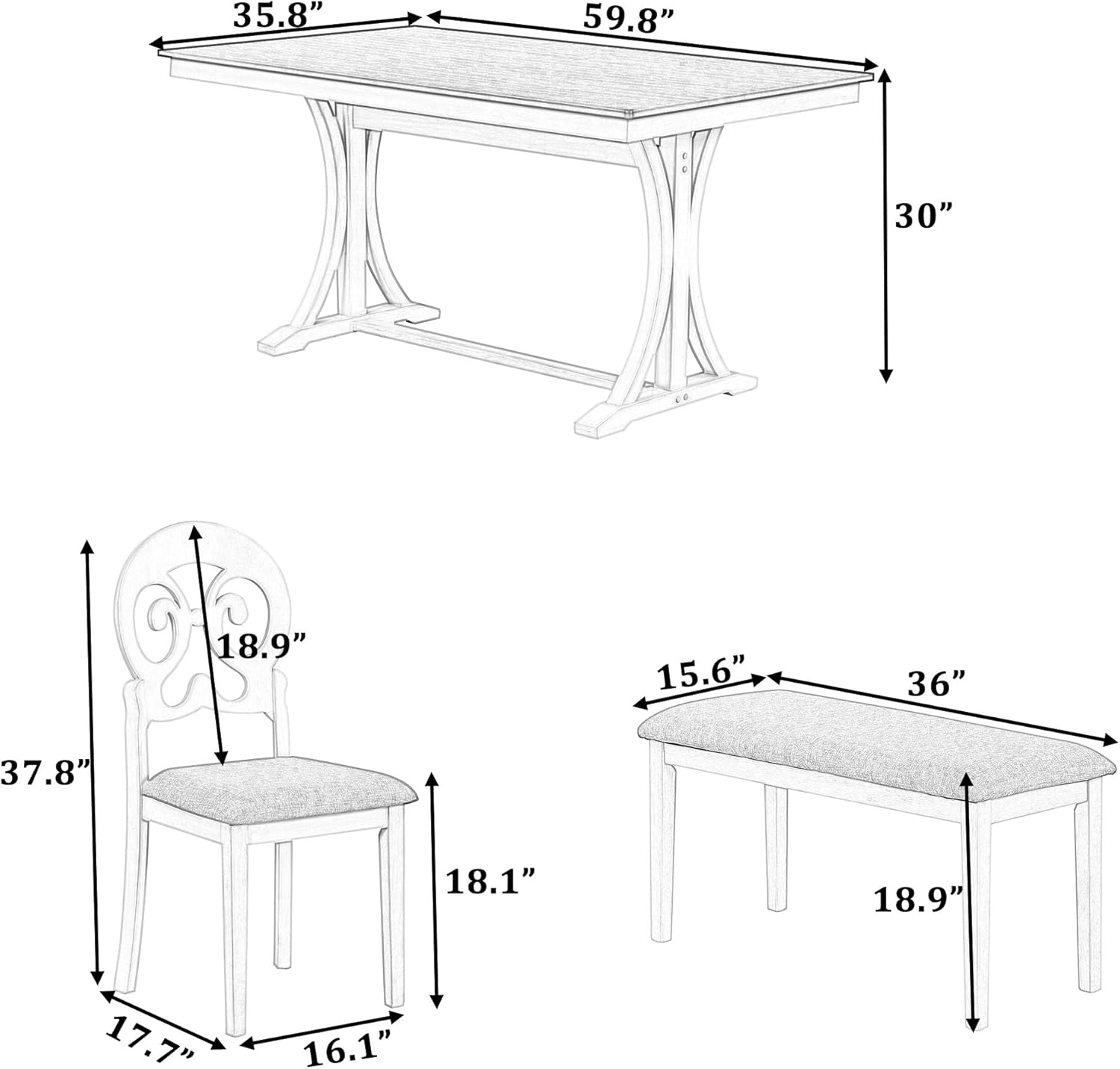 Mid-Century 6-Piece Trestle Table Set with Victorian Round Upholstered Dining Chairs,Vintage Wooden Rectangular Tabletop w/Long Bench,for Living Room/Hostel,Cherry+Antique White