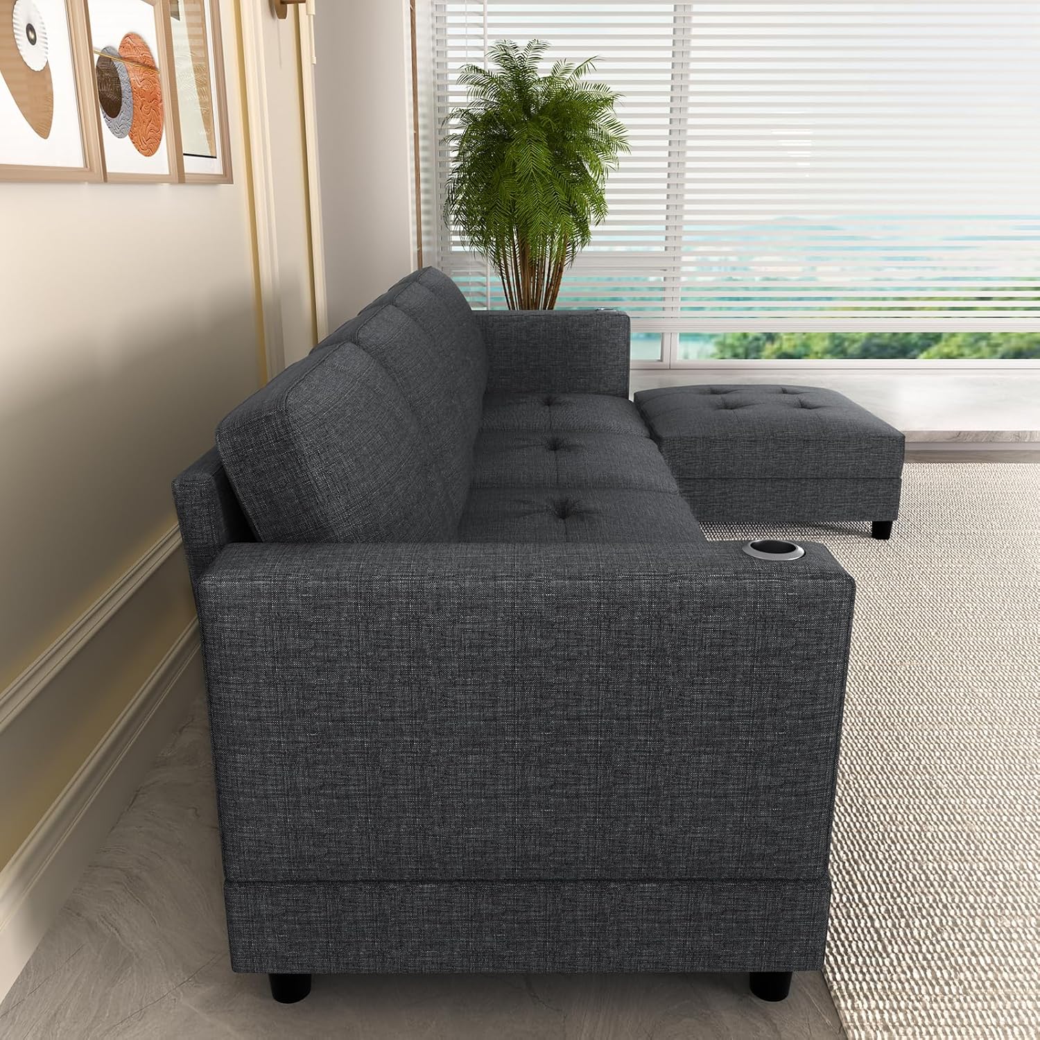 Convertible L Shaped Sofa with Ottoman, Linen Reversible Sectional Sofa with 2 Cup Holders, Modern L-Shape Couch 4 Seat Sectional Couches for Living Room Apartment - Dark Grey