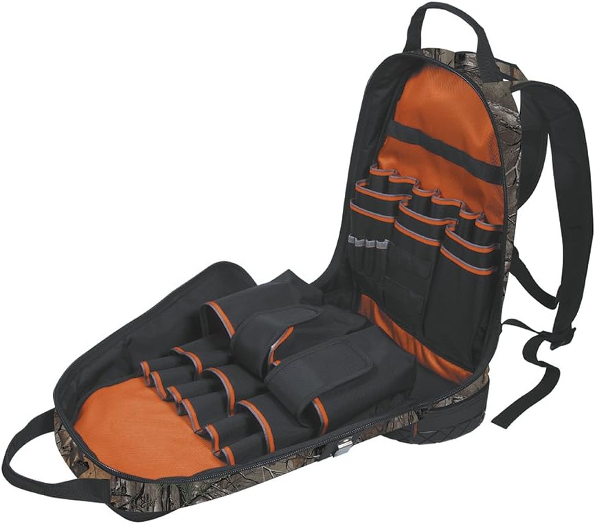 Klein Tools 55421BP14CAMO Tool Bag Backpack, Heavy Duty Tradesman Pro Tool Organizer / Tool Carrier has 39 Pockets, Molded Base, Camo Design