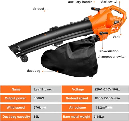 Powerful Leaf Blower, 3 in 1 (Leaf Blower + Vacuum Cleaner + Leaf Shredder) Garden Blower, 6-Speed Adjustment, 10:1 Powder Ratio, with 35L Collection Bag, 270 Km/H Electric Garden Duster (Color : 20M