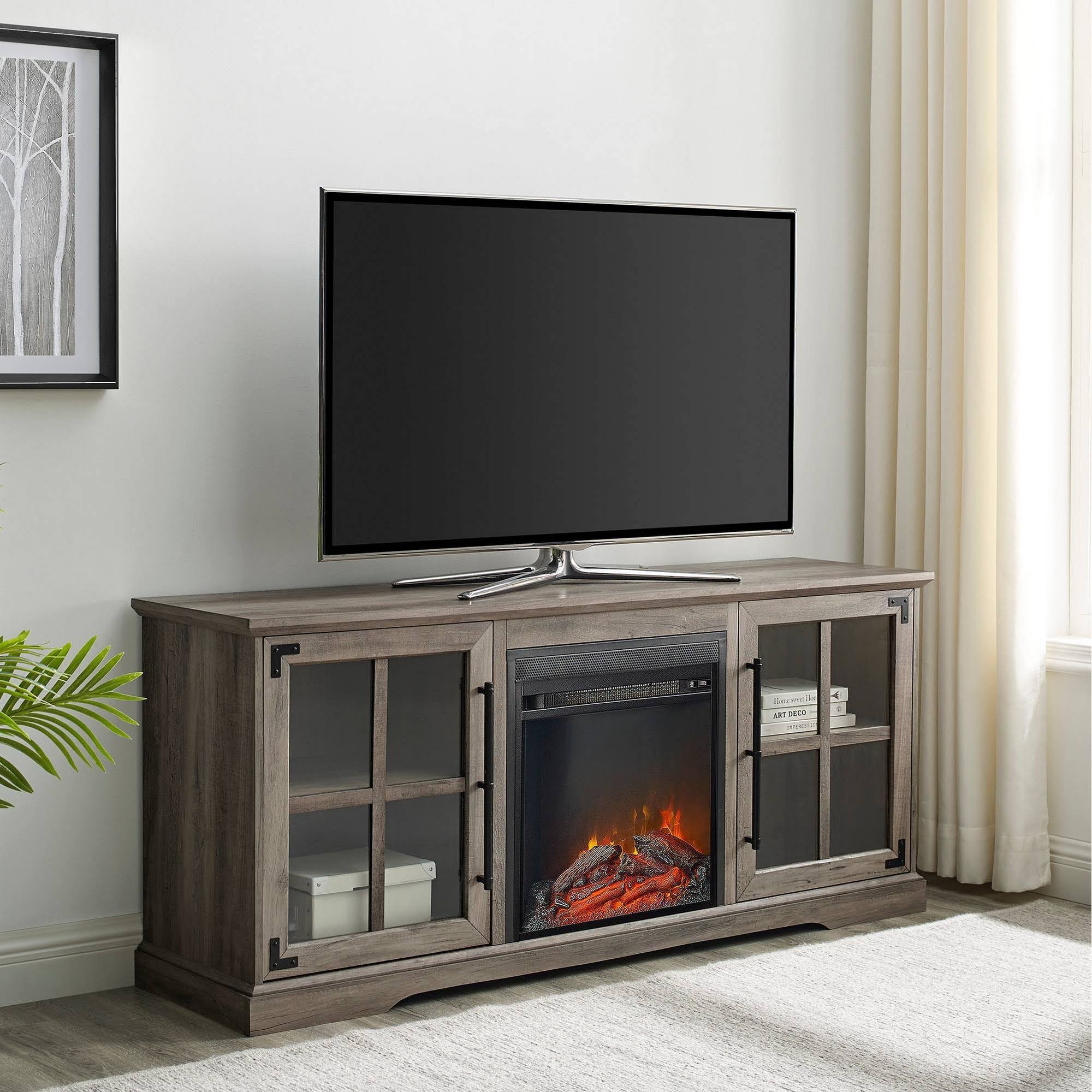 Avalene Rustic Farmhouse 2 Door Window Pane with Electric Fireplace TV Stand for TVs Up to 65x22 Gray Wash - Saracina Home