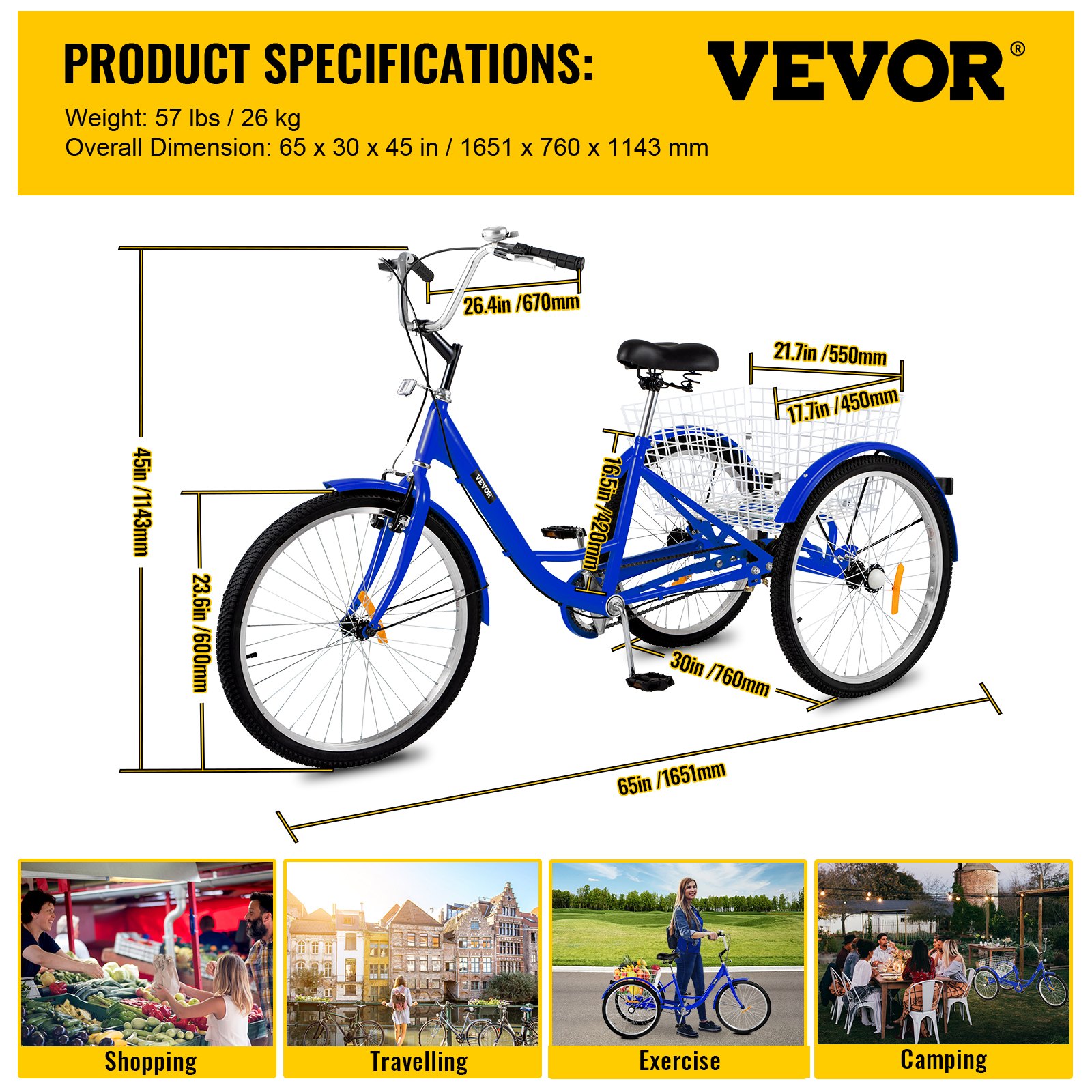 Vevor  24 in. 1-Speed 3 Wheel Blue Exercise Adult Tricycle with Large Basket