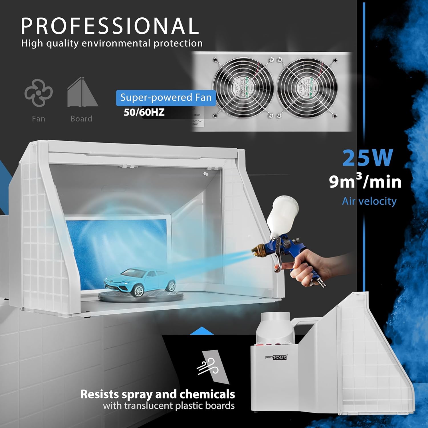 VIVOHOME Dual Fans Portable Airbrush Paint Spray Booth Kit with LED Lights Turn Table and Filter Hose for Model Cake Craft Nail Toy Part Gray