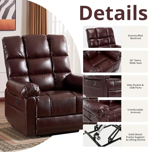 Oversized Power Lift Recliner Chair for Elderly, Extra Wide Lift Chair with Masssage and Heat, Chenille Electric Recliner Chairs for Big and Tall, USB Ports, Coffee