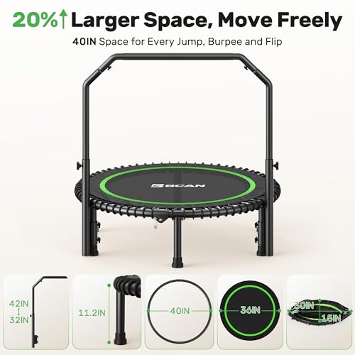 BCAN 450/550 LBS Foldable Mini Trampoline, 40"/48" Fitness Trampoline with Bungees, U Shape Adjustable Foam Handle, Stable & Quiet Exercise Rebounder for Adults Indoor/Outdoor Workout