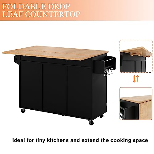HLR Kitchen Island On Wheels, Rolling Kitchen Island Cart with Drop Leaf Countertop, Barn Door Kitchen Island Table with Storage Cabinet and Tower Rack, Island Table for Kitchen (Blue)