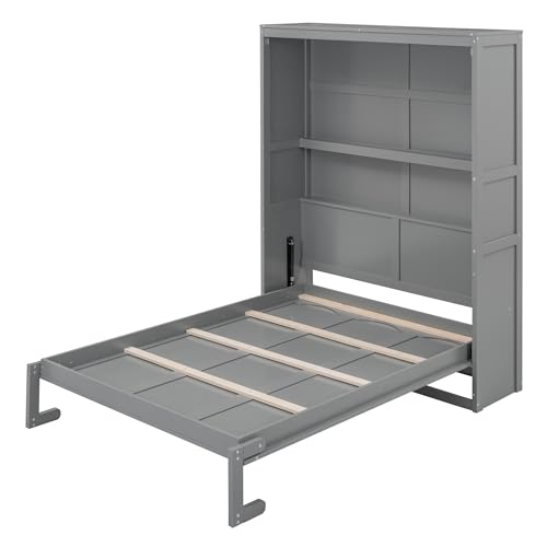 Voohek Full Size Murphy Bed with 2 Tier Shelves, Folding Bedframe w/Flexible Slats Support, Space-Saving Design, Can Be Folded Into A Cabinet, for Kids, Teens, Adults, No Box Spring Needed (White)