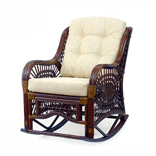 Malibu Rocking Handmade Lounge Chair ECO Natural Wicker Rattan Natural Color with Cream Cushion, INDOOR ONLY