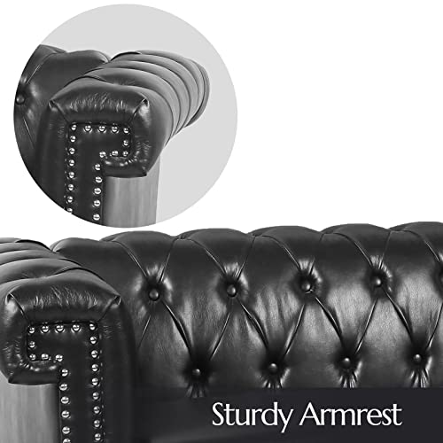 Chesterfield Velvet Sofas for Living Room, Traditional Square Arm 3-Seater Sofa 82.5" Couch Deep Button Nailhead Tufted Blue Upholstered Couches Removable Cushion Easy to Assemble