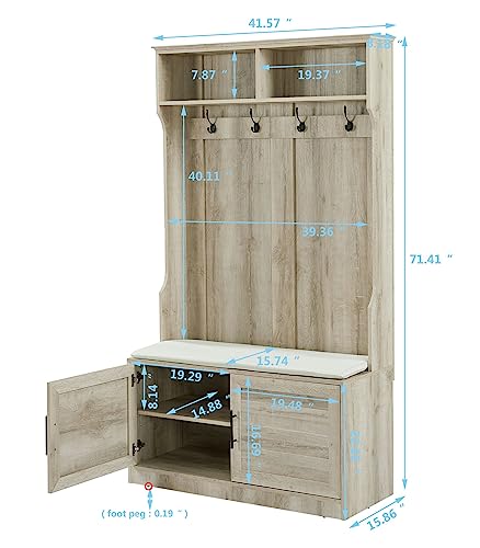 Hall Tree with Storage Bench 3-in-1 Entryway Bench with Coat Rack and Shoe Cabinet Wood Coat Hanger with Open Shelves and Cushioned Bench for Hallway Living Room Mudroom, Walnut