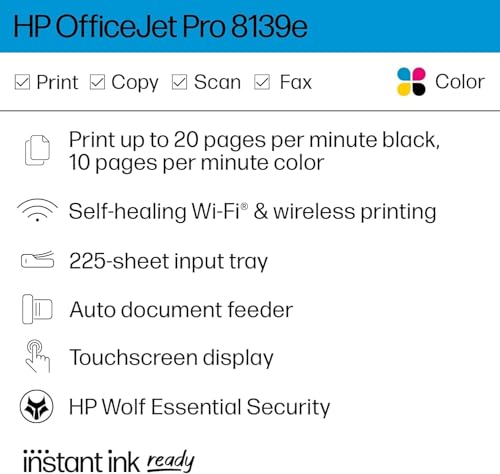 HP OfficeJet Pro 8139e Wireless All-in-One Color Inkjet Printer, Print, scan, Copy, fax, ADF, Duplex Printing Best-for-Home Office, 1 Year Instant Ink Trial Included
