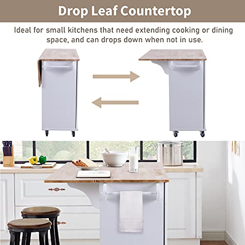 MAISON ARTS Storage Kitchen Island with Drop Leaf on Wheels Rolling Kitchen Cart with 2 Doors & 3 Drawers Rubber Wood Countertop, Grey