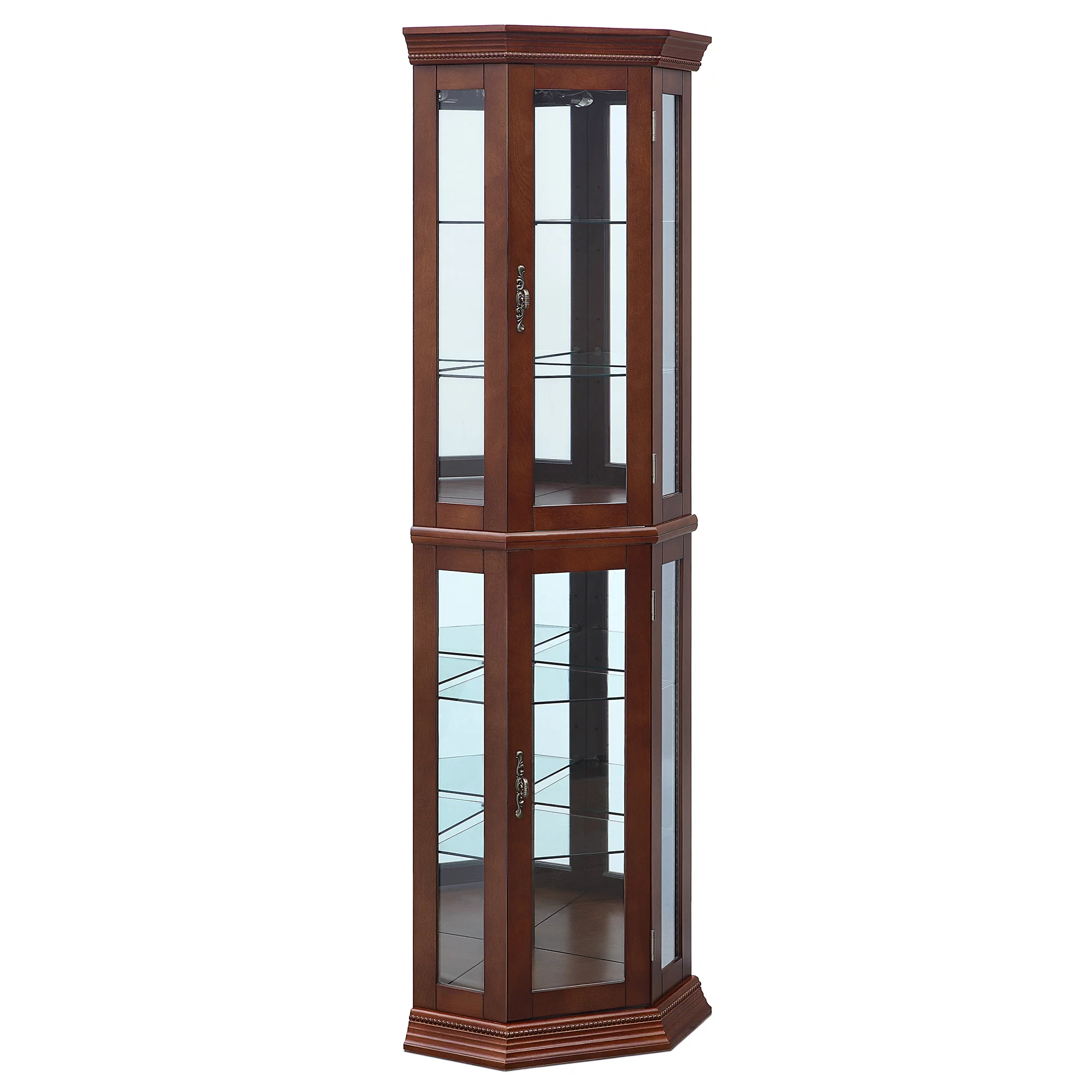 BELLEZE Lorona Floor Standing 5 Sided Lighted Corner Curio Cabinet, Walnut