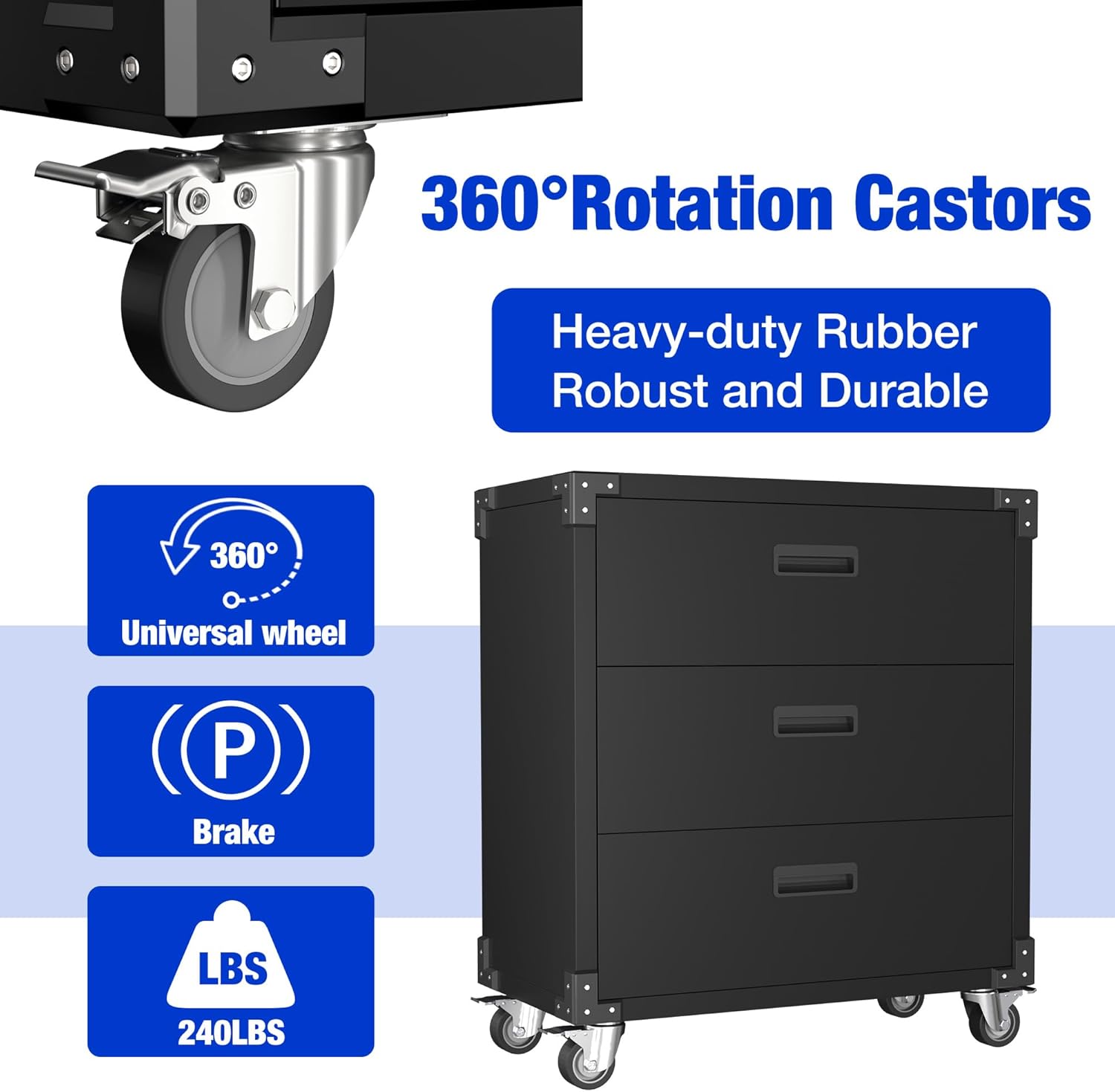 Aobabo 3 Drawer Metal Storage Cabinet with Wheels, Black Garage Storage Cabinet for Garage Home Office Business Storage,Assembly Required