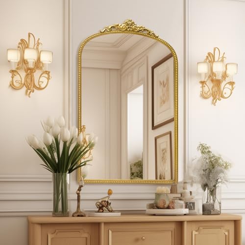 24" x 38" Antique Gold Arch Bathroom Mirror, Traditional Beaded Frame Wall Mirror, Retro Baroque Inspired Decorative Mirror for Vanity Bedroom Entryway Mantel