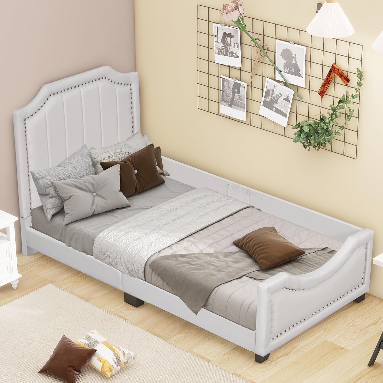 Upholstered Bed With Headboard, Low Platform Bed Frame With Rails For Kids, Lie Fabric Child Bed For Girls Boys Tees, Beige