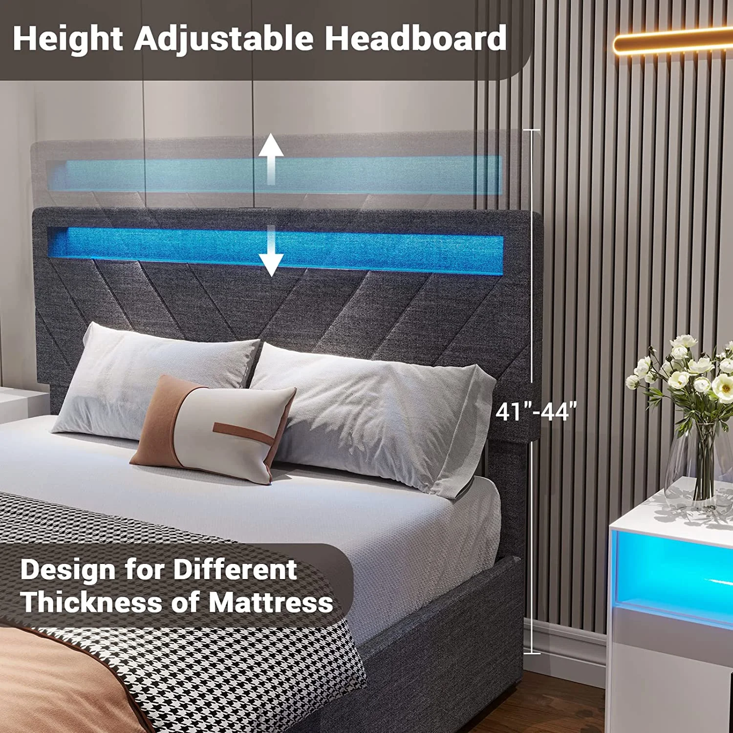 Queen Bed Frame with 4 Storage Drawers and 2 USB Charging Station, Upholstered Platform Bed Frame with LED Headboard,Dark Grey