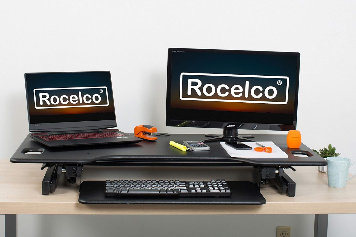 Rocelco 46" Large Height Adjustable Standing Desk Converter, Quick Sit Standup Triple Monitor Riser, Gas Spring Assist Computer Workstation, Retractable Keyboard Tray, (R DADRB-46), Black
