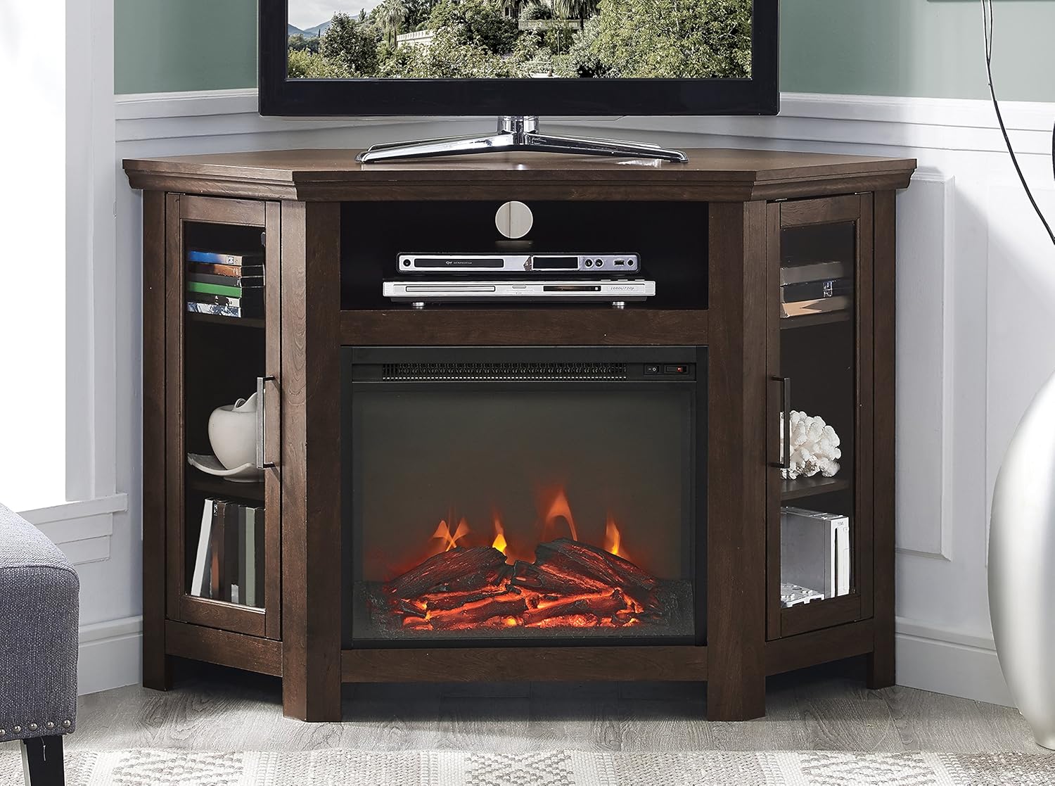 Walker Edison Alcott Classic Glass Door Fireplace Corner TV Stand for TVs up to 55 Inches, 48 Inch, Espresso