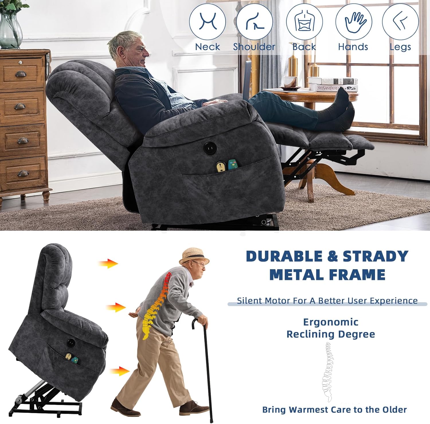 Large Electric Power Lift Recliner Chair with Extended Footrest for Elderly Big Man, Overstuffed Heated Massage Wide Reclining Sofa with 2 Remote Controls, Side Pockets & USB Ports, Gray