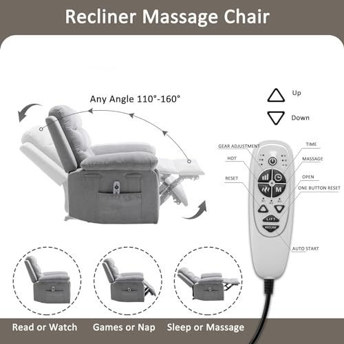 Electric Power Recliner Chair with Lumbar Heating and 8-Point Vibration Massage Function, Remote Control, Fabric Velvet Single Sofa Chiar with Footrest for Adult Living Room (Dark Gray)