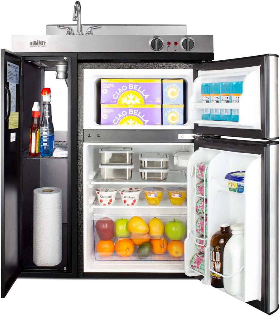 Summit Appliance C30ELBK 30" Wide All-in-One Kitchenette in Black with a 2-Burner 115V Coil Cooktop, 2-Door Refrigerator-Freezer, Sink, and Large Storage Cabinet
