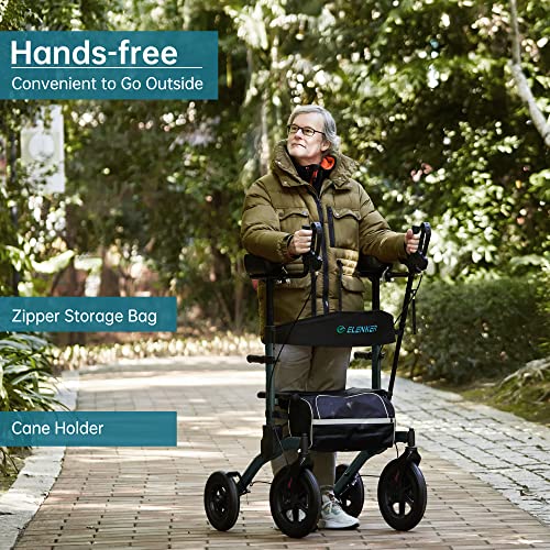 ELENKER All-Terrain Upright Rollator Walker, Stand up Rolling Walker with Seat, 12” Non-Pneumatic Tire Wheels, Compact Folding Design for Seniors, Green
