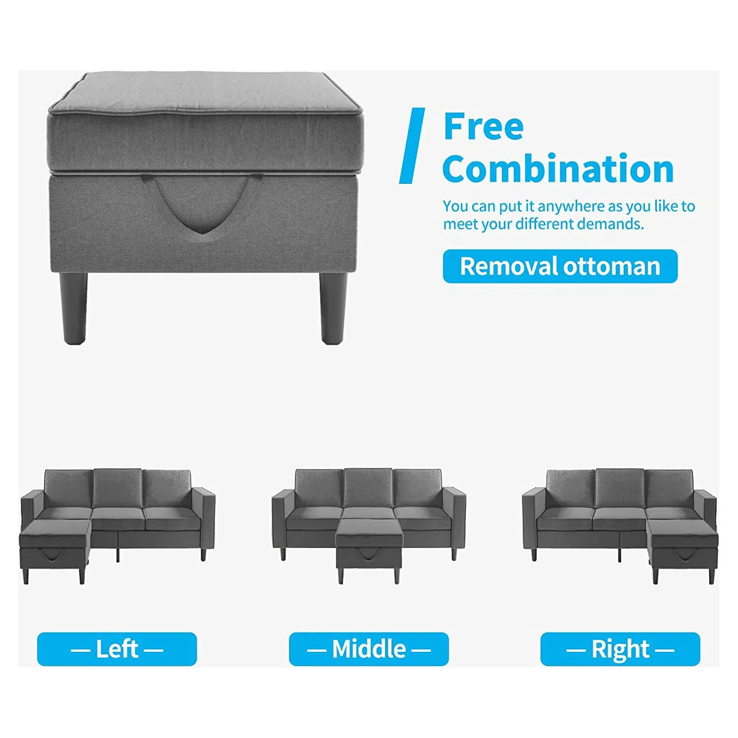 Mjkone Convertible Sectional Sofa Couch with Storage Ottoman, 3 Pcs Couch Set with Storage Pockets, Sectional Couches for Living Room, 3-Seater + Ottoman+ 1-Seater (Dark Gray)
